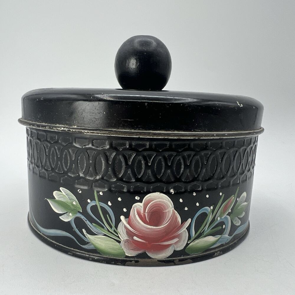 Vintage Black Pink Tole Painted 5" Vanity Powder Tin 1940s Candy Tin